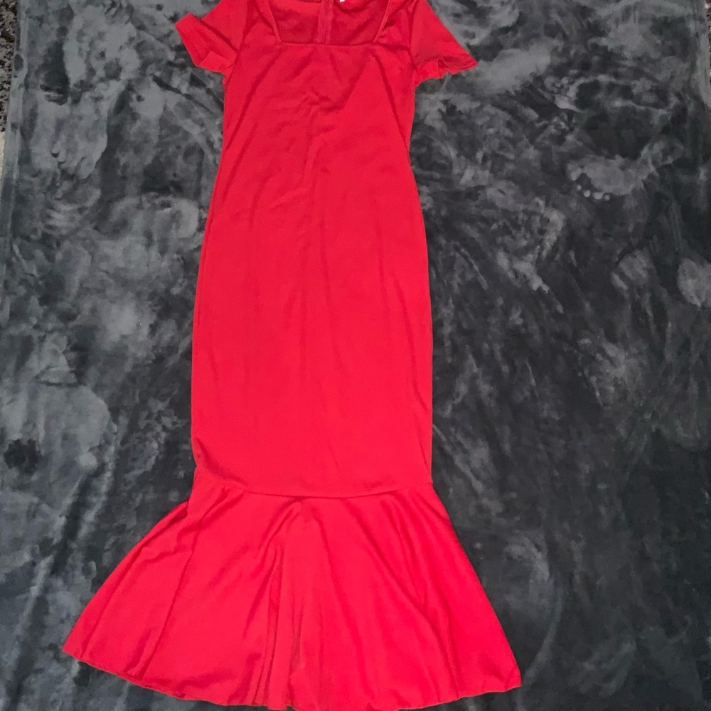 Red Square Neck Midi Flare Dress